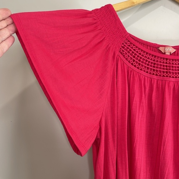 Iyla Magenta Pink Smock Short Sleeve Peasant Top Crochet Neckline Flutter Sl 1X - Picture 5 of 11